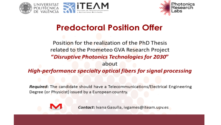 Predoctoral vacancy on High-performance specialty optical fibers for signal processing